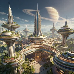 a massive scale futurism solarpunk shopping center on elevated platforms over a valley on another world with aringed planet on the horizon by robert mccall and john berkey | ralph mcquarrie :. 5 | unreal engine :. 3
