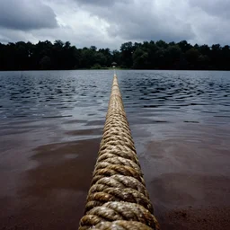 centered photograph of a single line of big thick long rope tan floating on the surface stretching out to the center of the lake, a dark lake sandy shore on a cloudy day, color film, trees in the background, hyper - detailed color photo, anamorphic lens