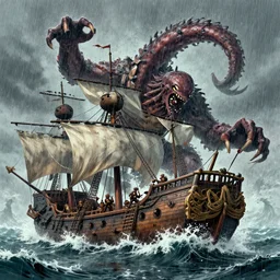 a giant tentacle monster taking down a pirate ship , waves splashing , rain , by Greg rutkowski