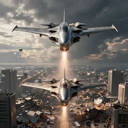 art of sci - fi aircraft fly on hypersonic speed on the battlefield, ruined city environment, symmetrical, render, ray tracing, volumetric light, jakub rozalski art style, artstation