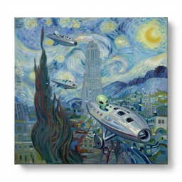 bright beautiful oil painting of alien spaceships invade new york city in 2 0 1 9, light scatter, van gogh
