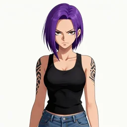 a portrait of dilraba dilmurat as revy from black lagoon, smirk, black tank top, jean shorts, brown eyes, purple hair, tribal tattoo slevve right arm, symmetrical eyes, symmetrical face, art by lois van baarle and loish and ross tran and rossdraws and sam yang and samdoesarts and artgerm, intricate, sharp focus