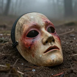 A realistic detailed photo of a creepy mask on the ground, dirt, red marks, wood, scars, glass reflections, foggy landscape, creepy, light particles, detailed light, realistic shaders, trending on artisation, detailed textures, detailed, realistic.