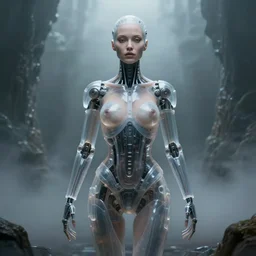 Masterpiece full body portrait of a beautiful female cyborg with a beautiful face and flawless skin, parts of her body are made of transparent plastic, symmetrical,  surreal H.R. Giger dream landscape, eerie fog, cinematic lighting, 8k
