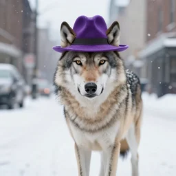 a wolf in a purple fedora in a snowy city street