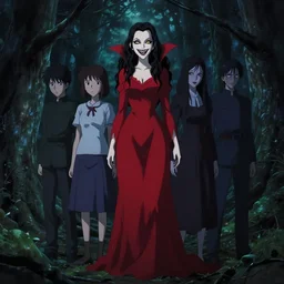 makoto shinkai, yoji shinkawa, ilya kuvshinov, rumiko takahashi, loish, full body, pretty woman vampire, sharp teeth, evil smile, red dress, symmetrical eyes, symmetrical face, long curly black hair, trees, forest, branches, cinematic lighting, night, scary, blood