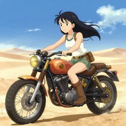 an anime movie poster for a drama film animation of an adventurer girl riding a steampunk motorcycle on a desert, delicate features finely detailed perfect art, gapmoe yandere grimdark, trending on pixiv fanbox, painted by greg rutkowski makoto shinkai takashi takeuchi studio ghibli