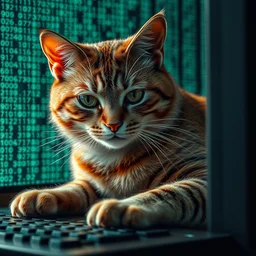 a cat working on a computer matrix ( 1 9 9 9 ), intricate details, hyper realistic