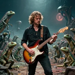 ultra wide - color shot of roy buchanan playing his telecaster for an audience of lizard people on an alien planet, photorealistic