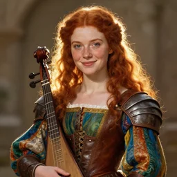 fantasy portrait of a happy young women looking with red hair and freckles, slight smile, renaissance colorful dress, leather armor, music instrument in hand, backlit, digital painting, photoshop Artstation, sfw