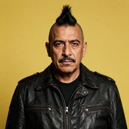 front medium portrait of a middle - aged mexican man with a mohawk haircut, wearing a leather jacket, yellow background, rembrandt lighting, by kehinde wiley, magritte, norman rockwell