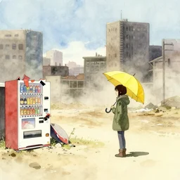 ultrawide, simple watercolor of a dusty deserted city, a girl with a parka and a yellow umbrella, broken vending machines, in the style of Ghost in the Shell