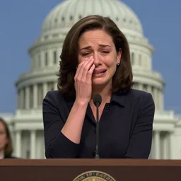 Movie still of a crying Sheryl Sandberg crying in front of Congress, from Facebook The Movie (2007), directed by Steven Spielberg