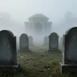 an endless eerie graveyard with ancient tombstones, misty, thick strands of fog, catacomb in background, frame is flanked by dark trees, a shadowy ghostlike creature is visible, creepy, night, finely detailed extremely realistic black and white pencil drawing