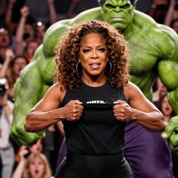 a muscular oprah winfrey ripping her shirt like hulk hogan in front of a shocked crowd high definition