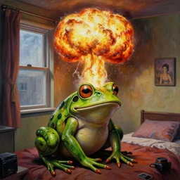 a photorealistic highly detailed painting of a y 2 k 1 9 8 0's frog nuclear bomb explosion next to a bedroom window by johfra bosschart, lisa frank, kinkade, visionary art, dark fantasy art, high detail, trending on artstation