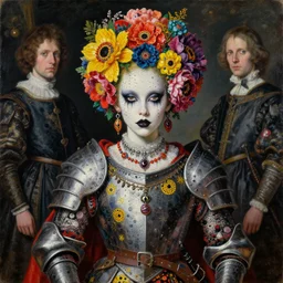 portrait of a medieval warrior yayoi kusama, goth punk, floral flowers, a flemish baroque by alexander mcqueen, art by john collier by greg rutkowski and craig mullins, oil on canvas
