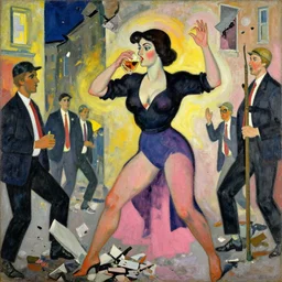 lady destroying wall - street short sellers with her mind powers while drinking bourbon, in the style of giacomo balla.