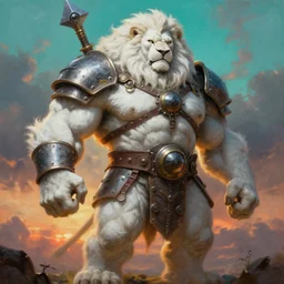muscular oversized white lion as barbarian hunter  with steampunk oversized chest armor and shiny weapon , full human oversized mutant proportions hairy body , backlight  body , extreme very textured detailed panoramic portrait oil painting by rembrandt, sunset, dramatic clouds and cyan atmosphere