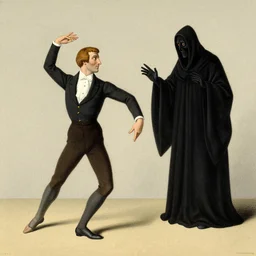 A vintage scientific illustration from the 1970s of a man dancing with the grim reaper by René Magritte