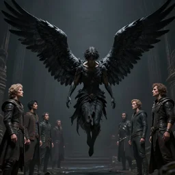 one angel falling down from heaven with black wings, rendered in Cinema4D by Victo Ngai and James Gilleard and Bruce Pennington, Sung Choi, Mitchell Mohrhauser, Maciej Kuciara, Johnson Ting, Maxim Verehin, Peter Konig, Bloodborne, 8k photorealistic, cinematic lighting, HD, high details, dramatic, dark atmosphere, trending on artstation