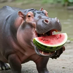 enthusiastic hippo eating a watermelon