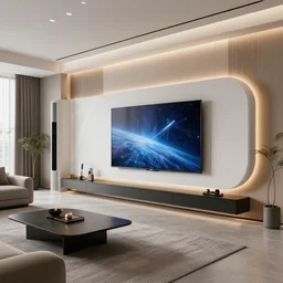 a modern designed futuristic living room with a floating tv in the future