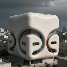 architectural photograph of a cubic high tech solarpunk building with smooth organic curved flowing sci - fi streamlined cuts on the facade, off white with colorful cuts, standing out within a grey urban area in background