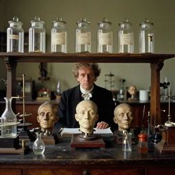 and old victorian laboratory with lots of medical instruments, human heads in jars, one head is alive and looking at the camera