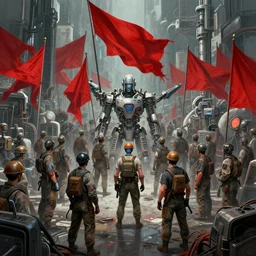 workers revolution against the ai machines, red flags, Greg Rutkowski, detailed, digital art, trending on artstation, cinematic