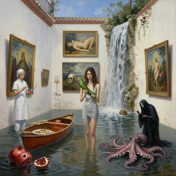 realistic painting of a flooded spanish art gallery in marbella old town, death, a tall emo girl, holding a courgette, tapas, paintings on walls, surgical equipment and nurse, canoe, pomegranates, floodwaters, squid ink, the grim reaper, waterfall from the wall, octopus, sensual, puddles, zen, surrealist, by magritte and monet