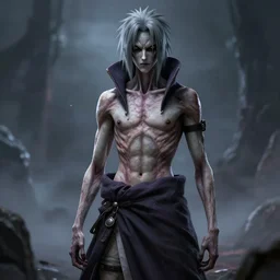 madara uchiha, alien grey, tall, very thin, terrifying, grimdark, photorealistic