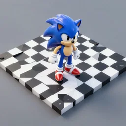 unreal engine checkerboard plane, classic sonic in surreal, fractal, detailed professional, high quality portrait airbrush art MGMT album cover portrait of a liquid dissolving LSD DMT sonic the hedgehog surfing through cyberspace, purple checkerboard background, 1990s 1992 Sega Genesis video game album cover