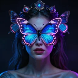 a portrait of a beautiful woman with a neon butterfly covering her face head, cult secret society art by james paick, and shaddy safadi, ominous, cosmic horror, trending on artstation, ultra detailed, hyper realistic 4 k, octane, cinema 4 d, c 4 d render ghly detailed, high quality, 8 k, soft lighting, path traced, and uang guangjian