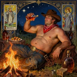 a dramatic, epic, ethereal painting of a handsome thicc mischievous shirtless cowboy with a beer belly!! wearing a large belt and bandana offering a whiskey bottle | he is relaxing by a campfire | background is a late night with food and jugs of whisky | homoerotic | stars, tarot card, art deco, art nouveau, mosaic, intricate | by Mark Maggiori (((and Alphonse Mucha))) | trending on artstation