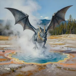 dragon emerging from a hotspring at yellowstone national park, highly detailed oil painting