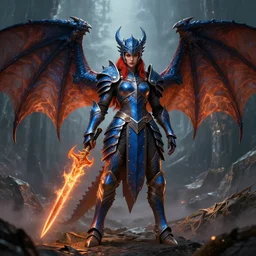 full body portrait of a dnd dragon hunter in the intricate thunderous mountains, female, strong, symmetric wings, dragon inspired blue armor, red hair, helmet, pretty, fire, drow skin, high fantasy, detailed face, highly detailed, sharp focus, smooth, digital illustration, by clyde caldwell
