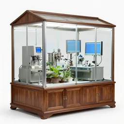 a plant incubator made of china furniture, glass, stainless steel, precision instruments and screens. there is a pine bonsai inside. there are many transparent hoses filled with water and mist in the glass box. there are two nozzles on both sides of the box spraying water mist by rene magritte