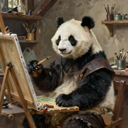 classic oil painting, a panda that is dressed as a painter, as a dnd character, inside a cluttered art studio, cottagecore, highly detailed, digital illustration, concept art, smooth, sharp focus, art by greg hildebrandt, and tim hildebrandt
