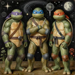 ninja turtles painted by renaissance masters. portrait of inner space by hieronymus bosch, cyril rolando, esher and natalie shau, whimsical, profound, impossible. painted, intricate, trending on devaintart.