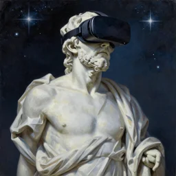 a statue of socrates wearing a virtual reality headset looking up towards the stars, oil painting