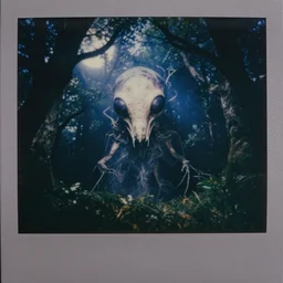 an insect forest god, insectile head materialising from the canopy ; corporeal chitinous flesh spun solid from beam and vapour. he manifests in moonlight, night time photography eerie 4 k haunted polaroid