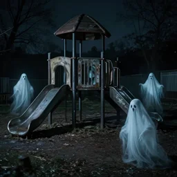 a run - down playground at night where the only inhabitants are ethereal ghosts, portra 4 0 0, hyper realistic, creepy