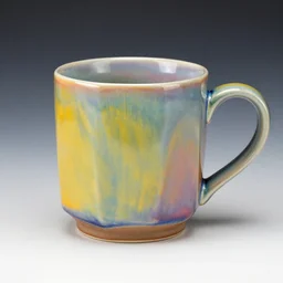brightly colored geodesic ceramic mug with iridescent glaze