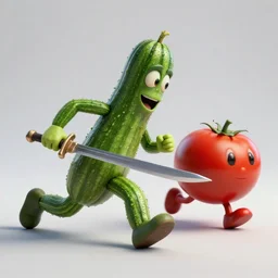 detailed 3 d render of a mad zucchini character with arms and legs and a long sword chasing after a tomato character, hyper realistic octane render, cinematic lighting, wide angle, nightmare, adult pixar surrealism
