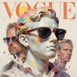 3 d marble statue of fancy head in sunglasses, multiple splashes of rainbow paint, liquid white and pink metal, sun, vogue cover style, poster art, high detail, intricate oil painting, multiple exposure, stanley kubrick mood, hyperrealism, 3 d, by tooth wu and wlop and beeple and greg rutkowski