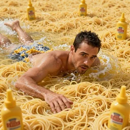 john leguizamo swimming in a sea of spaghetti and bottles of mustard, surrealism, anthropomorphic, high detail, trending on artstation, trending on deviantart, 8 k, - n 9, - g