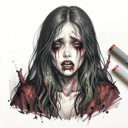 expressive an dreadfull, detailed, black ink & copic markers, vibrant muted colors, disturbing grunge still of a [ solomonic demon infested ] [ spawn ], by arthur adams, by tom bagshaw