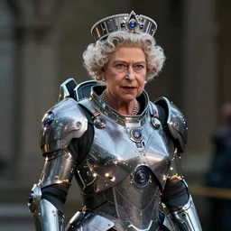 old! queen elizabeth! in futuristic battle armor, glowing lights, detailed, realistic, intricate, trending on artstation