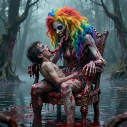 a close - up portrait of a beautiful flesh - eating timikawa with rainbow fur eating a screaming man, sitting on chair made of human limbs, the chair is floating in a lake of blood, surrounding the lake are melting trees, digital art, hyperrealistic nightmare scene, supernatural, highly detailed, creepy, terrifying